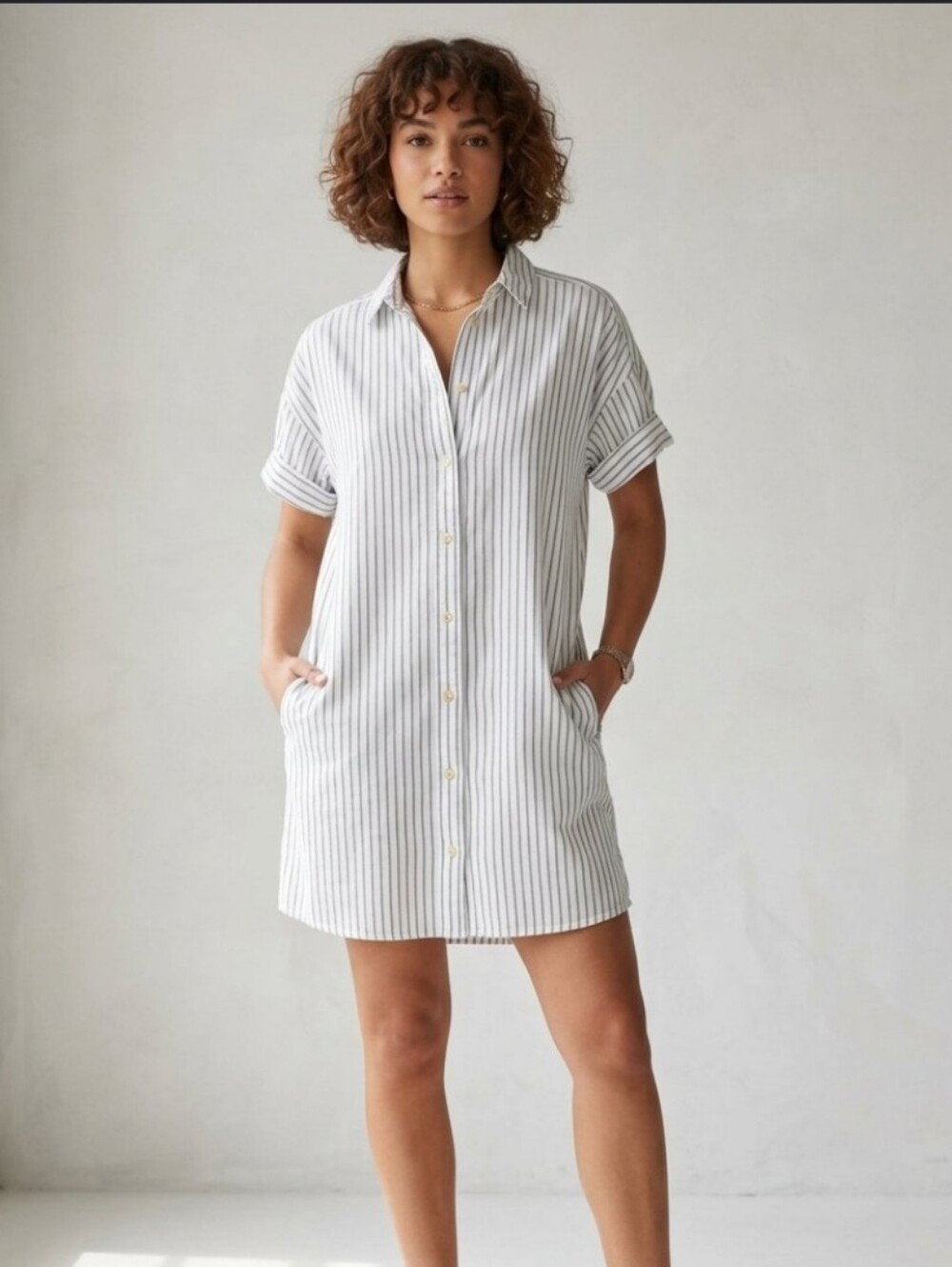 Striped Button-Front Shirt Dress in White